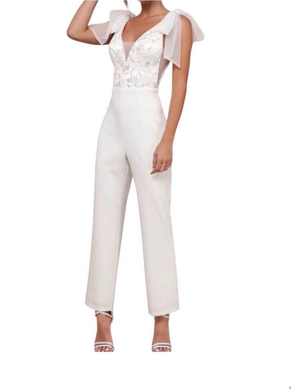 Lulu's White Lace Bodice Jumpsuit with Shoulder Bows